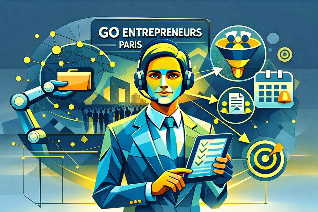 Dirigeants de TPE découvrant des agents IA sur un salon professionnel aux couleurs vert et bleu