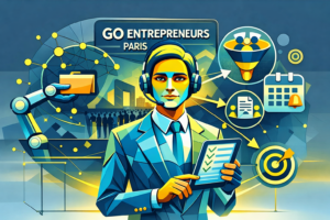 Dirigeants de TPE découvrant des agents IA sur un salon professionnel aux couleurs vert et bleu